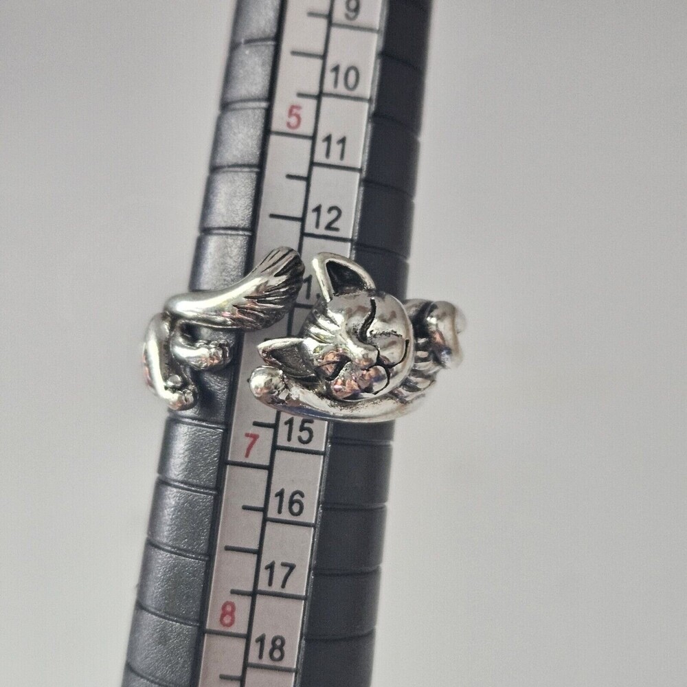 Silver 925 Retro Cat Original Opening Ring Adjustable Knuckle Women Kitty 6-7 - Picture 3 of 12